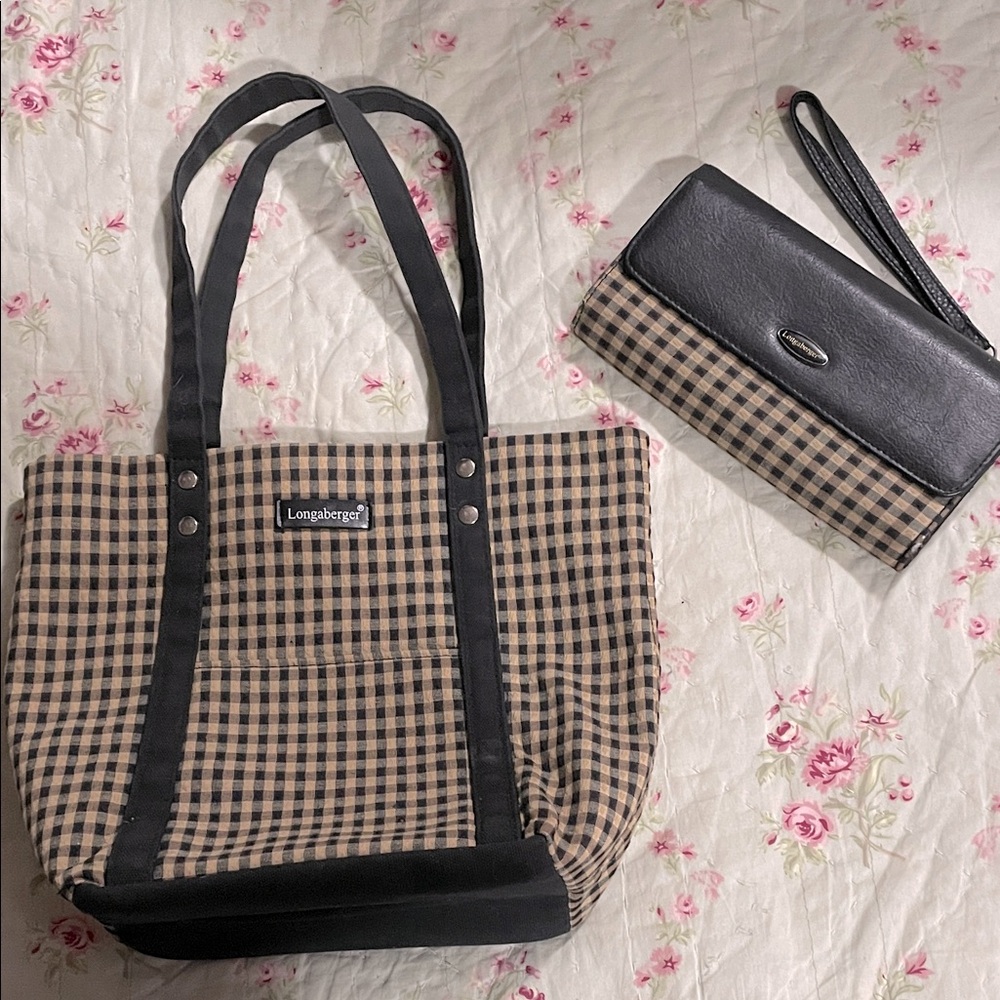 Longaberger Black and Tan Checkered Tote and Wallet